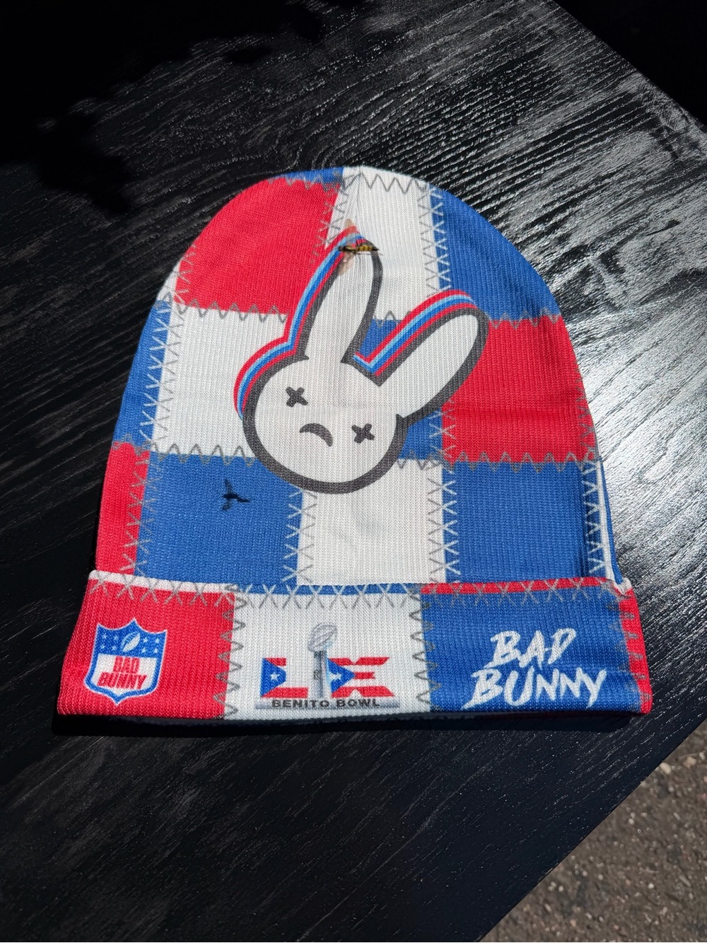 Bad Bunny Red, White & Blue Super Bowl Patchwork Beanie